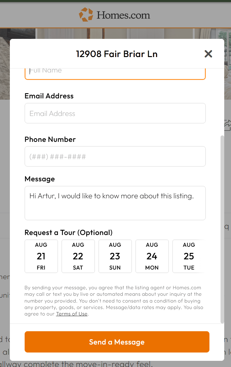 Homes.com inquiry form for our listing at 12908 Fair Briar Ln (a sale listing &mdash; Homes.com shows this identical disclosure on rental listings), with the SMS consent disclosure above the Send a Message button (captured August 21, 2026).