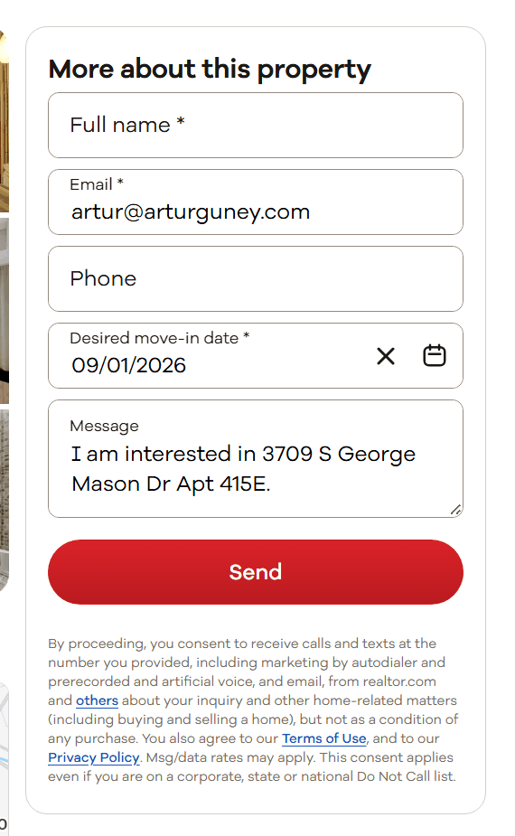 Realtor.com rental inquiry form for our listing at 3709 S George Mason Dr Apt 415E, with the SMS consent disclosure below the Send button (captured August 21, 2026).