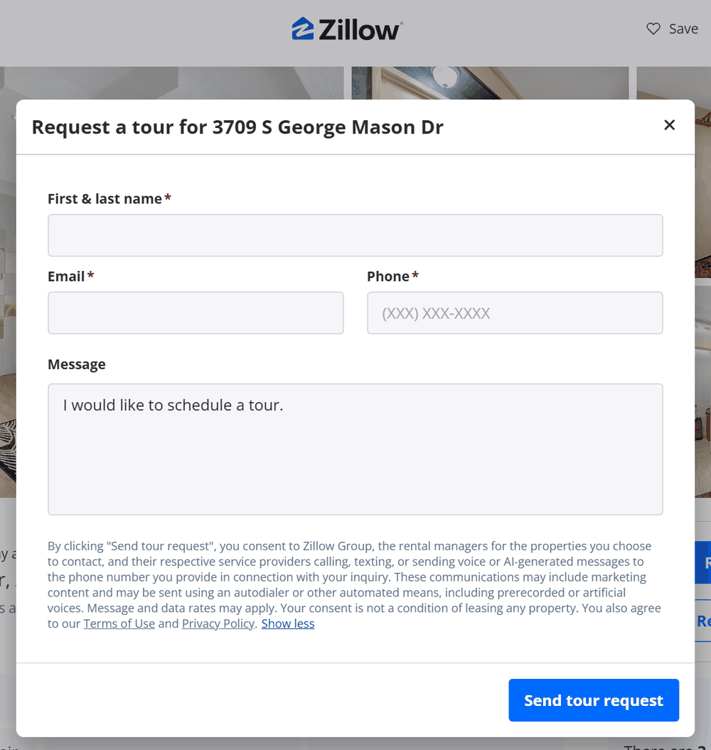 Zillow &ldquo;Request a tour&rdquo; form for our rental listing at 3709 S George Mason Dr, with the SMS consent disclosure above the Send tour request button (captured August 21, 2026).